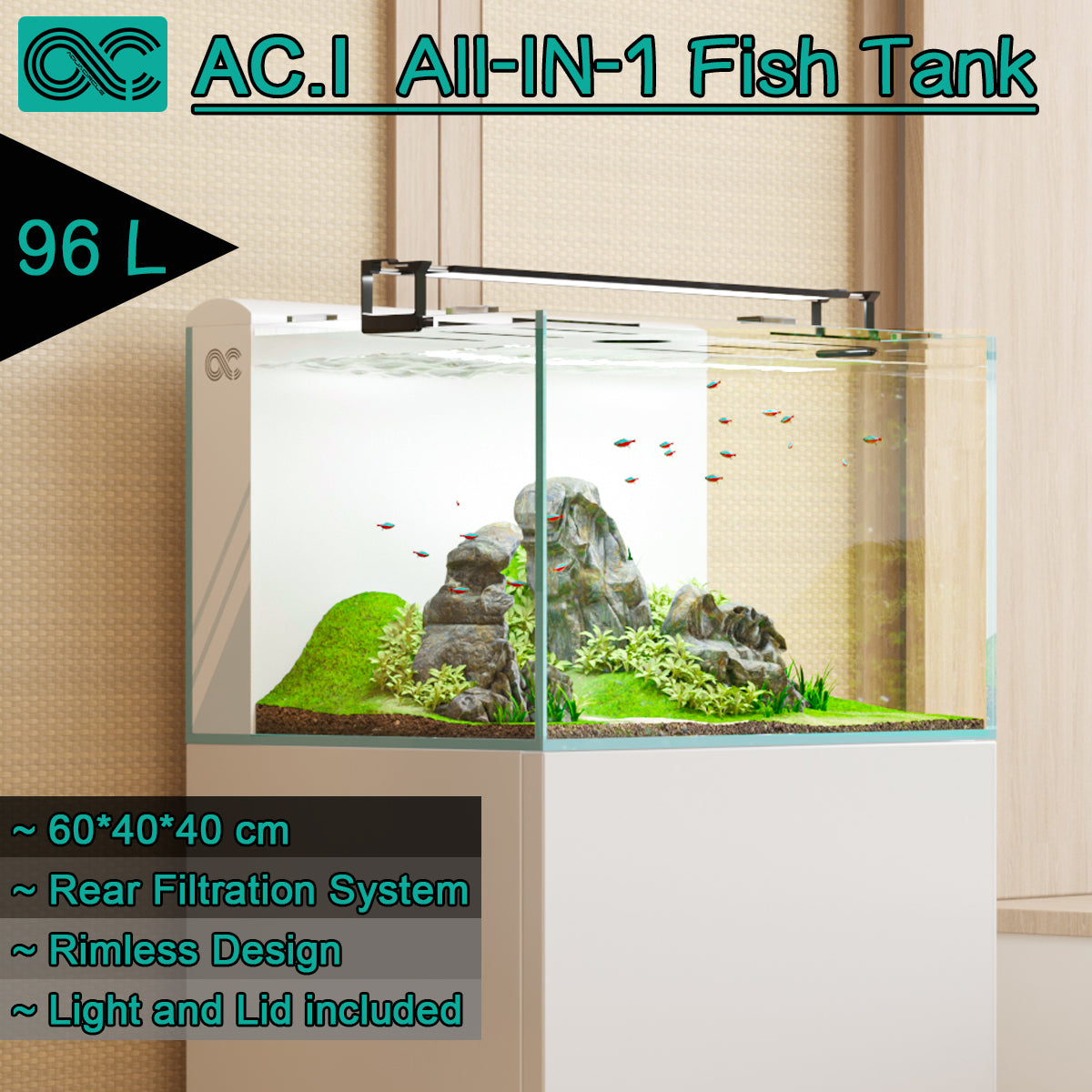 KYOTO-60 Complete set of Aquarium with Rear Filtration System